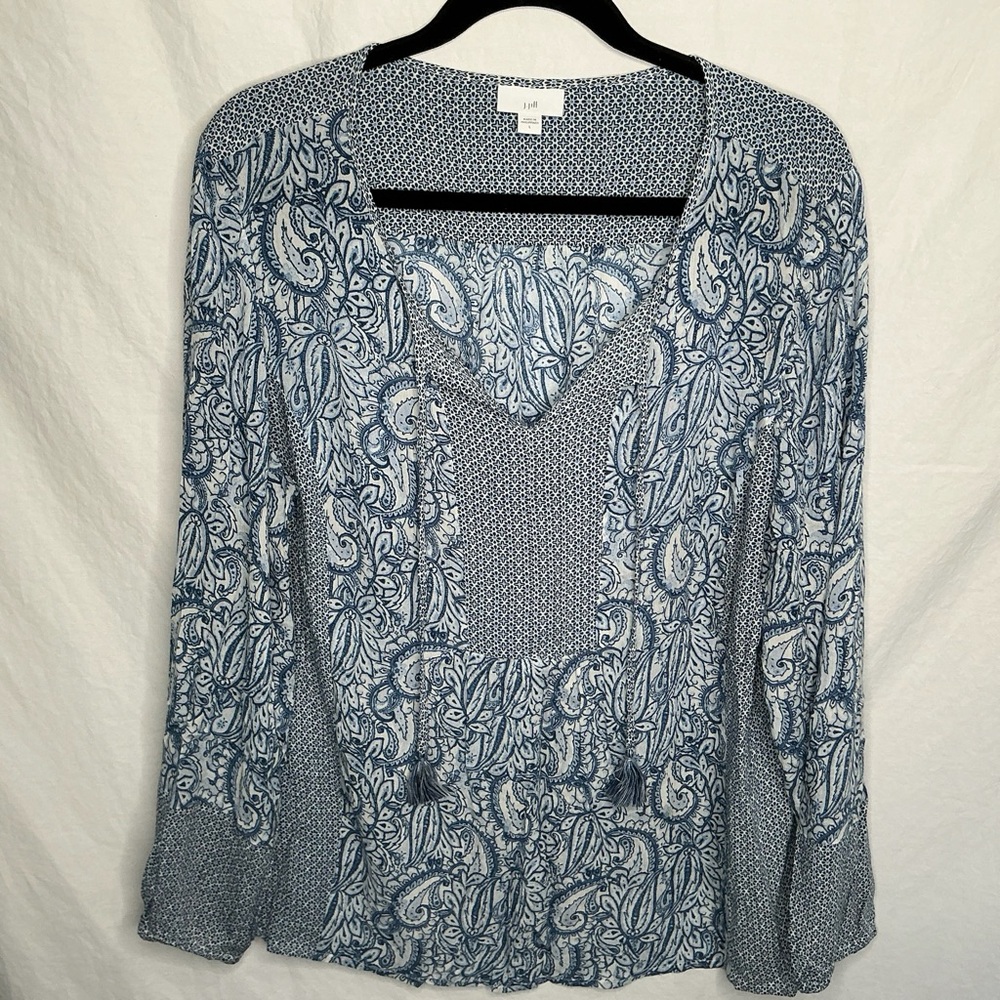 J Jill‎ Blue Peasant Blouse Women’s Size L Tassels Paisley Geometric Print Boho
